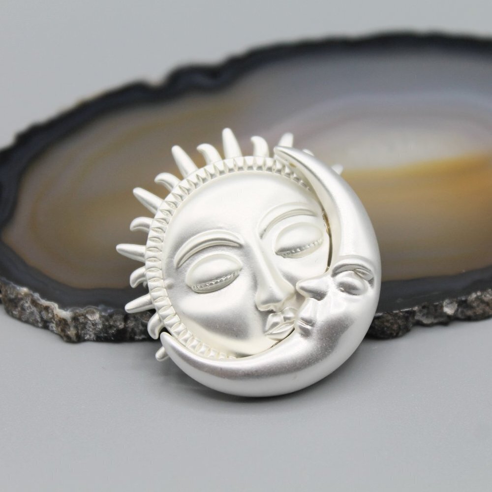 Sun moon jewelry pin brooch sky celestial nature silver white gold tone elegant